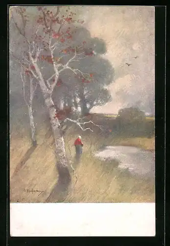 Künstler-AK M. Munk Nr. 326: Verfärbende Birkenblätter auf einer Waldlichtung im Herbst