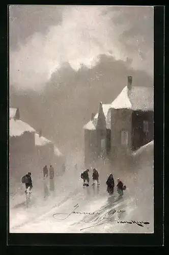 Künstler-AK M. Munk Nr. 197: Passanten in einer verschneiten Dorfstrasse