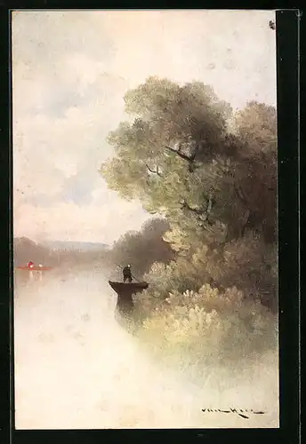 Künstler-AK M. Munk Nr. 216: Uferpartie mit einem schief wachsenden Baum