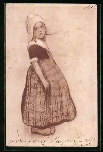 Künstler-AK M. Munk Nr. 169: Kleine Magd im karierten Kleid mit Holzschuhen