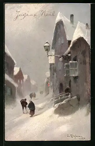 Künstler-AK M. Munk Nr. 236: Weihnachtsgrüsse, Strassenpartie eines verschneiten Dorfes