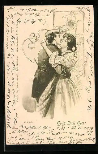 Künstler-AK sign. F. Kruis: Junges elegantes Paar küsst sich
