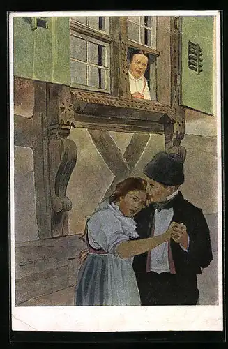 Künstler-AK sign. C. Spindler: Ältere Frau belauscht junges Paar