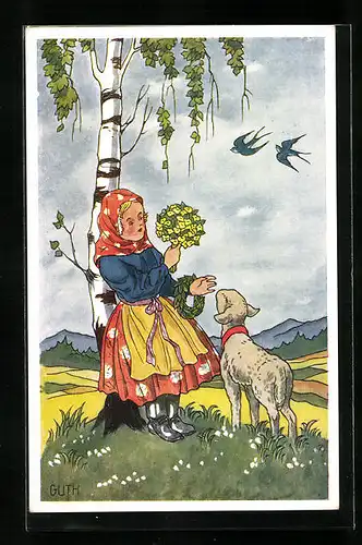 Künstler-AK sign. Guth: Junges Mädchen am Baum mit Schaf