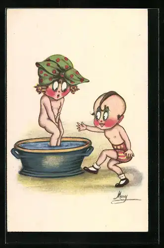 Künstler-AK sign. Mary: Zwei kleine Kinder nehmen ein Bad
