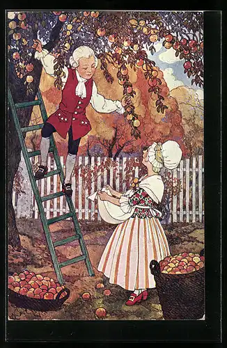 Künstler-AK sign. J. Wenig: Herbst, Bei der Apfelernte