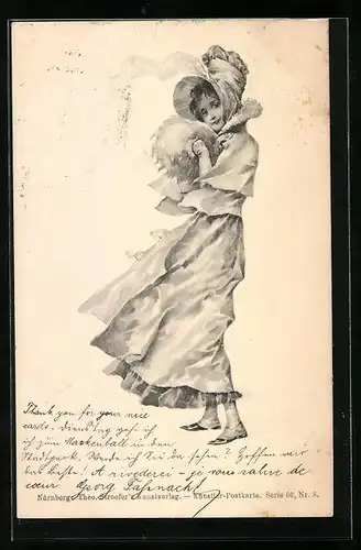 Künstler-AK Theo Stroefer Nr. 8: Dame im Mantel mit Muff