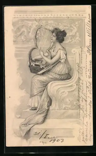 Künstler-AK Theo Stroefer Nr. 3: Dame der Antike mit Lyra