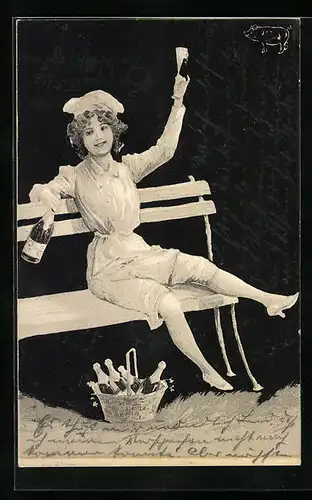 Künstler-AK Theo Stroefer Nr.: Dame mit Sekt auf Parkbank