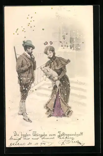 Künstler-AK Theo Stroefer Nr. 16: Jäger und Dame im Winter mit Schwein