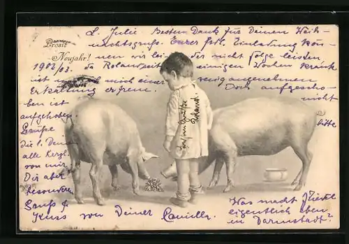 Künstler-AK Theo Stroefer Serie 248 Nr. 5: Kleinkind mit zwei Schweinen