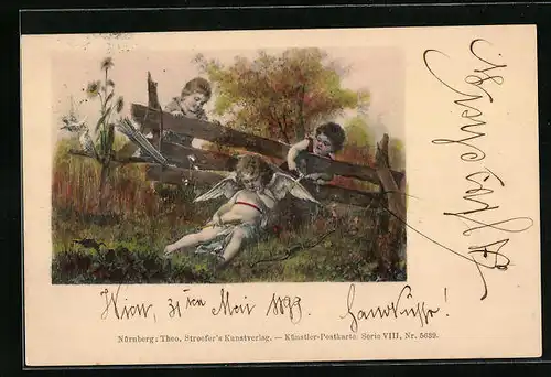 Künstler-AK Theo Stroefer Serie VIII, Nr. 5639: Knaben stutzen schlafendem Engel einen Flügel