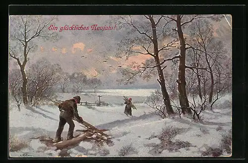 Künstler-AK Theo Stroefer Serie 1397, Nr. 6: Holzsammeln am Winterwald