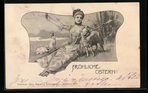 Künstler-AK Theo Stroefer Nr. 5674: Fröhliche Ostern! - Dame auf Wiese mit Hasen, Osterei und Lamm