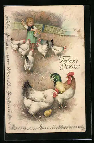 Künstler-AK Theo Stroefer Serie 1511, Nr. 4: Fröhliche Ostern - Kleines Mädchen mit Ostereiern und Hühnern