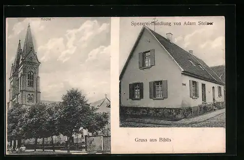 AK Biblis, Spezerei-Handlung v. Adam Steiner, Kirche
