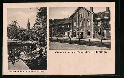 AK Sande i. Oldbg., Bahnhof, Marienhausen mit Schlossturm