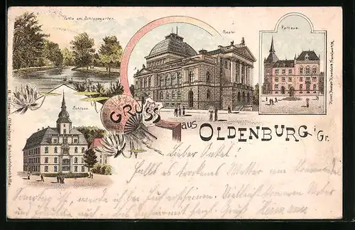 Lithographie Oldenburg i /Gr., Schloss, Theater, Rathaus