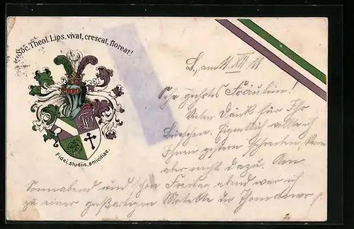 Künstler-AK Leipzig, Soc. Theol. Lips. vivat, crescat, floreat!, Ritterhelm und Studentenwappen