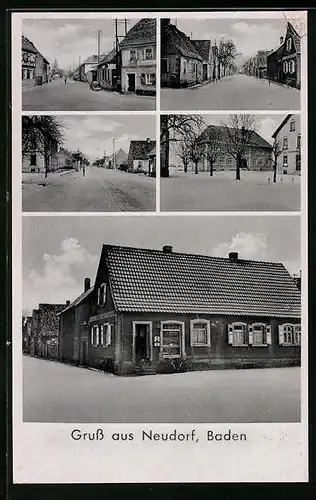AK Neudorf /Baden, Strassenpartie mit Geschäft, Strassenpartie mit Gasthaus, Ortspartie