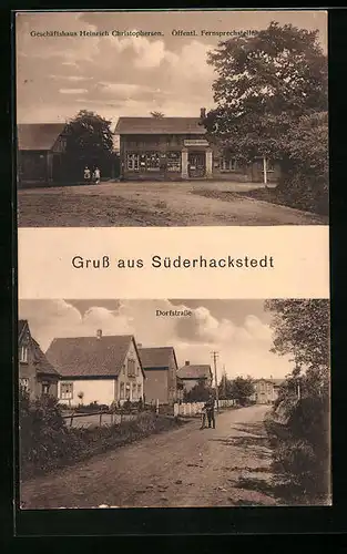 AK Süderhackstedt, Geschäftshaus Heinrich Christophersen, Dorfstrasse und Soldat mit Fahrrad