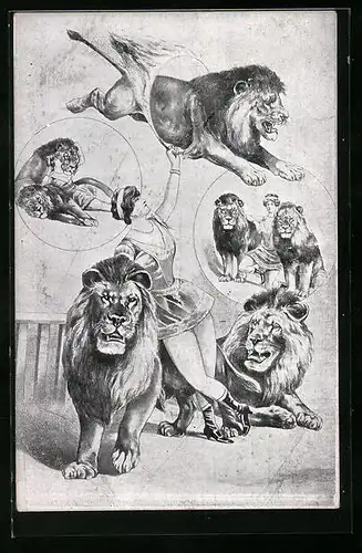 Künstler-AK Dompteuse mit Löwen im Zirkus