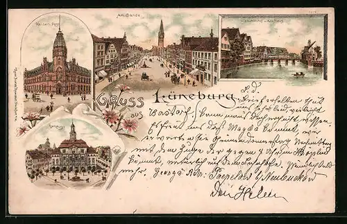 Lithographie Lüneburg, Strasse am Sande, Post, Rathaus, Viskuhlenhof