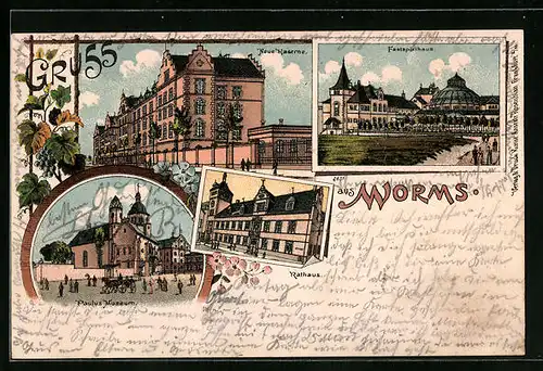 Lithographie Worms, Neue Kaserne, Festspielhaus, Paulus Museum, Rathaus