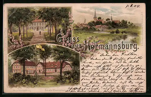 Lithographie Hermannsburg, Altes und neues Missionshaus mit Missionshandlung, Totalansicht