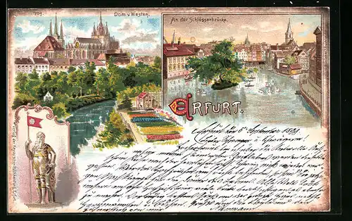 Lithographie Erfurt, Dom v. Westen, An der Schlösserbrücke