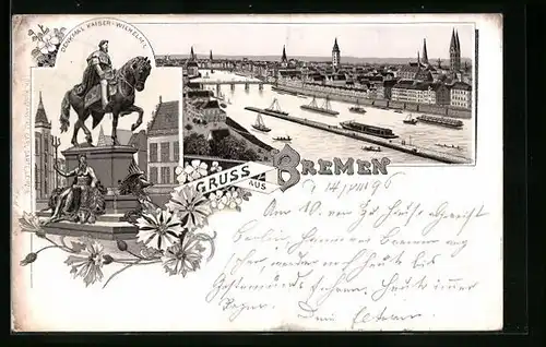 Lithographie Bremen, Denkmal Kaiser Wilhelm I., Ortsansicht aus der Vogelschau