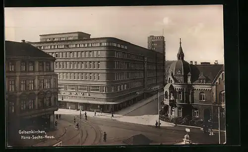 AK Gelsenkirchen, Strassenpartie mit dem Hans-Sachs-Haus