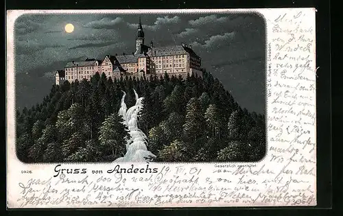 Lithographie Andechs, Schloss im Mondschein
