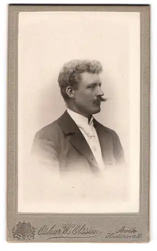 Fotografie Oskar W. Olsson, Hudiksvall, Bürgerlicher mit Locken und Schnauzer von der Seite