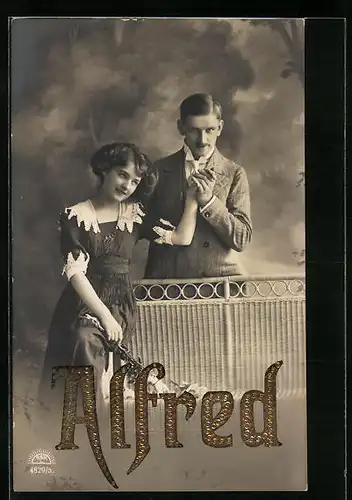 AK Namenstag von Alfred, Liebespaar und Rattanbank