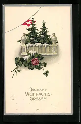Präge-AK Schweizer Weihnachtsgruss mit Kleeblatt