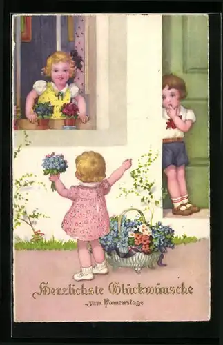 AK Mädchen überrascht Freunde zum Namenstag