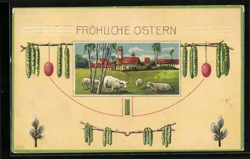 Präge-AK Ostergruss mit Schafen auf Weide