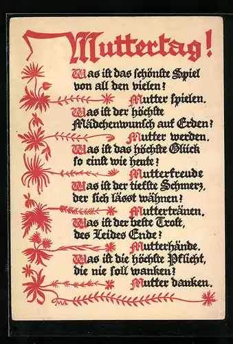 AK Gedicht zum Muttertag mit Blumen, 1931
