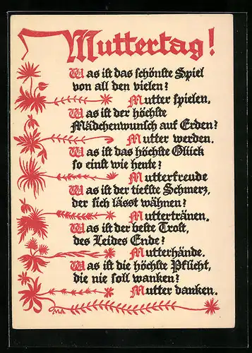 AK Gedicht zum Muttertag mit Blumen, 1931
