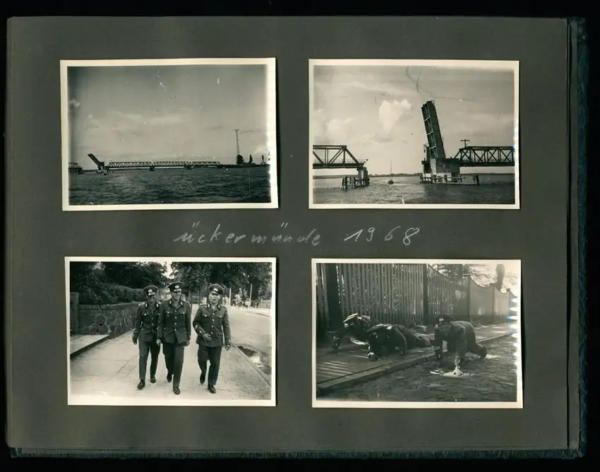 Fotoalbum 73 Fotografien Ückermünde, Soldaten, DDR Grenzschutz, Kaserne, Motorrad MZ 1