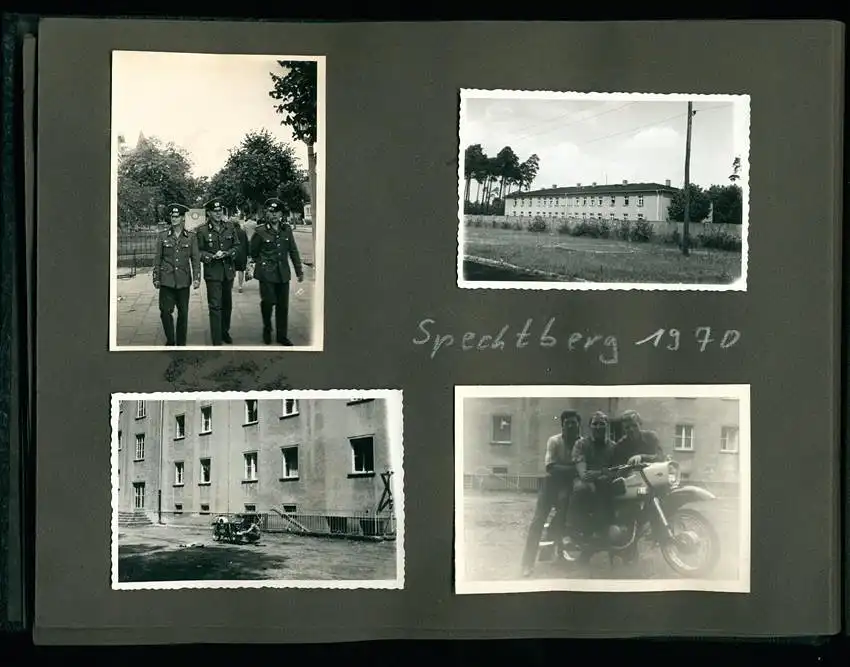 Fotoalbum 73 Fotografien Ückermünde, Soldaten, DDR Grenzschutz, Kaserne, Motorrad MZ 2