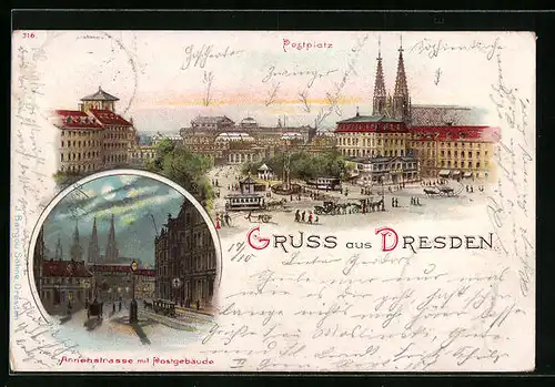 Lithographie Dresden, Annenstrasse mit Postgebäude, Postplatz