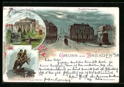 Lithographie Dresden, Neustädter Hauptwache, Neustädter Hoftheater