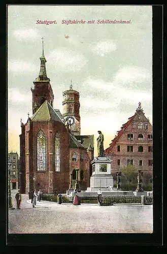 AK Stuttgart, Stiftskirche mit Schillerdenkmal