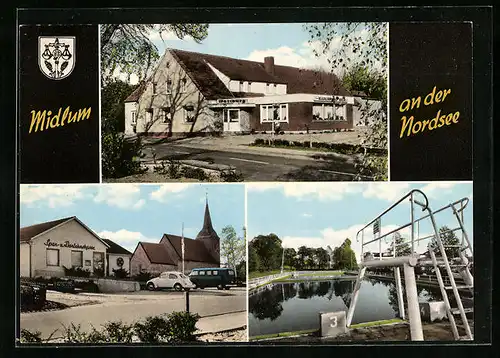 AK Midlum /Nordsee, Gasthaus Wartburg, Freibad, Spar- und Darlehnskasse