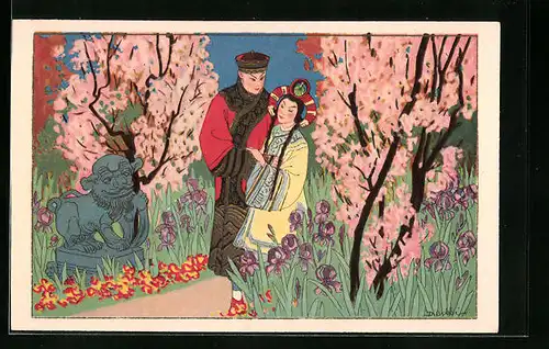 Künstler-AK Dario Gobbi: Asiatisches Paar geht im Park spazieren