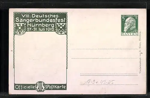 AK Ganzsache Bayern: Nürnberg, 8. Deutsches Sänderbundesfest 1912