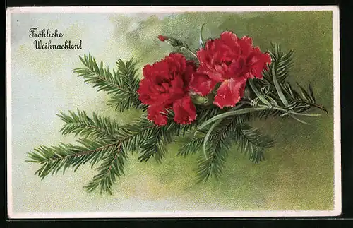 Künstler-AK M. Munk Nr. 1156: Weihnachtsgrüsse mit roten Blumen und Tannennadeln