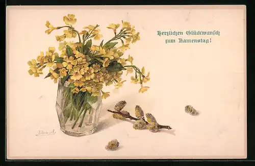 Künstler-AK M. Munk Nr. 1140: Namenstagsglückwünsche mit gelben Blumen im Glas